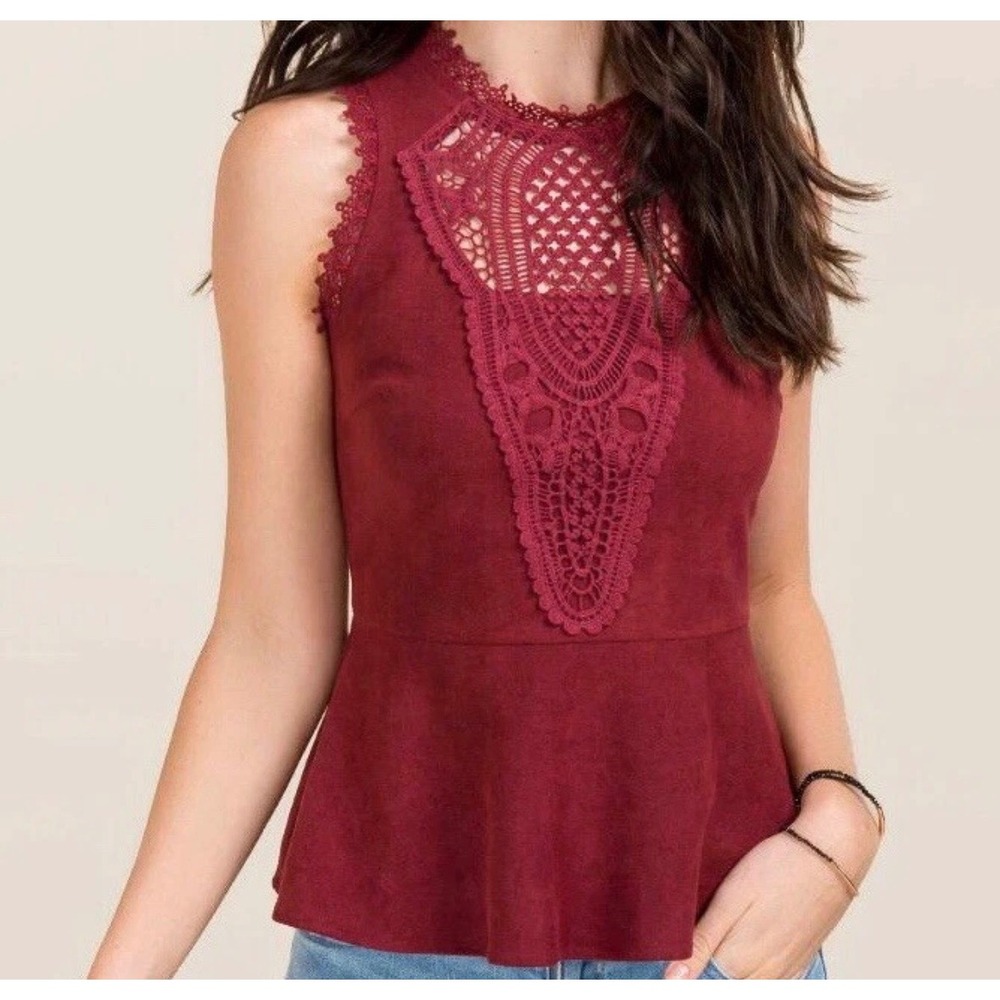 Alya Burgundy Faux Suede Crochet Peplum Top Size Large Wine Red Whimsigoth